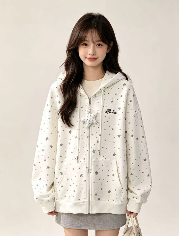 Tianke Guai Korean Style Star-Printed Hooded Sweatshirt Jacket for Women, Unique Design, Niche Sports Casual Cardigan Tianke Guai Korean Style Star-Printed Hooded Sweatshirt Jacket for Women, Unique Design, Niche Sports Casual Cardigan