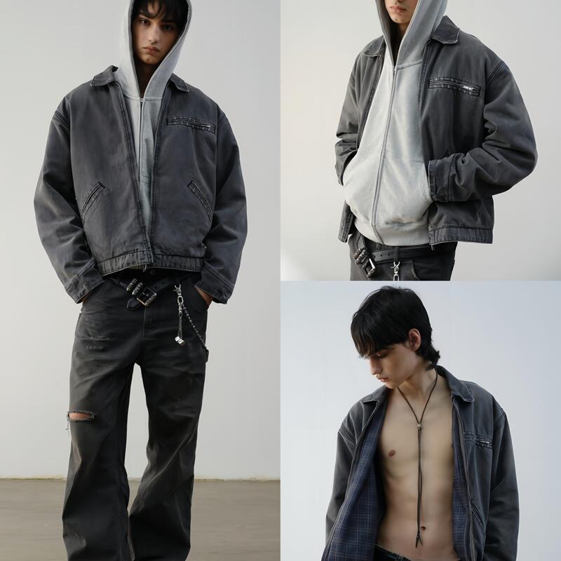 Vlabmade *Remade J97* Wool Plaid Lining Distressed Washed Heavy Detroit Cotton Jacket Vlabmade *Remade J97* Wool Plaid Lining Distressed Washed Heavy Detroit Cotton Jacket