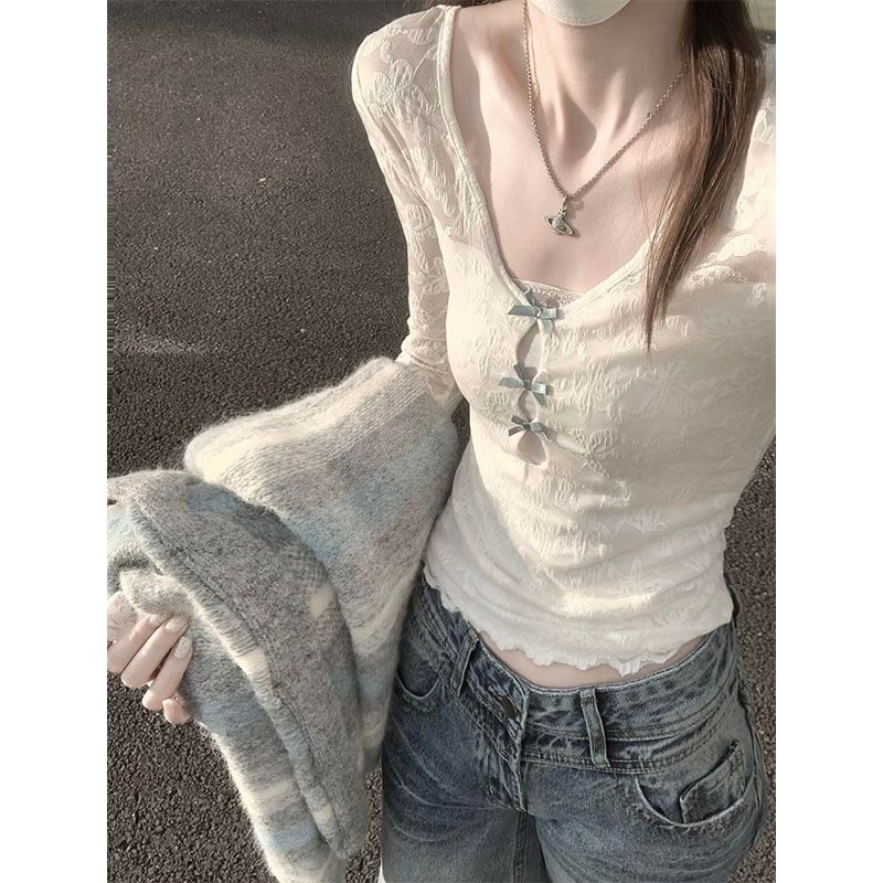 French-Style Romantic Lace Bow Long-Sleeve T-Shirt for Women, New Spring and Autumn Slim-Fit Hollow-Out Two-Piece Top French-Style Romantic Lace Bow Long-Sleeve T-Shirt for Women, New Spring and Autumn Slim-Fit Hollow-Out Two-Piece Top