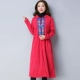 Trung Quốc phong cách mùa thu mới phong cách quốc gia vải nhung kẻ trùm đầu thêu áo dài giữa áo khoác nữ - Trench Coat