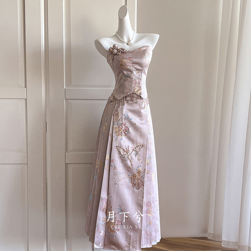 Moonlight Bride Engagement Mamian Skirt Set: Stunning, Light Luxury, Niche Chinese-Style Wedding Toast Dress for Women, Strapless, High-End