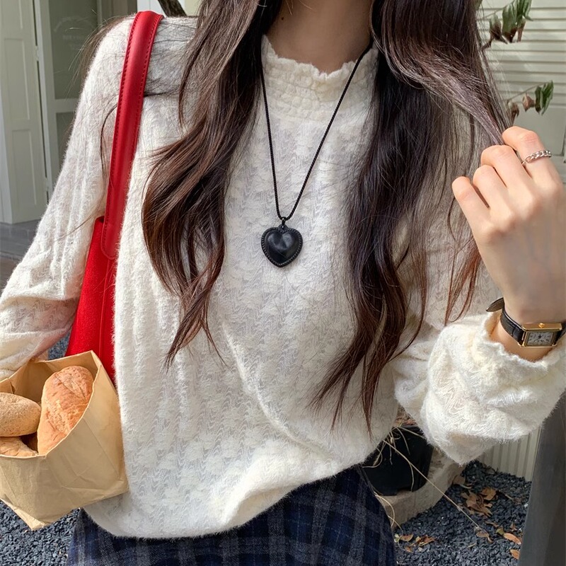 Fuzzy Memories~ Korean-Style Gentle and Versatile All-Lace Half-High Collar Lace Shirt, Lazy Style, Korean Retro Version