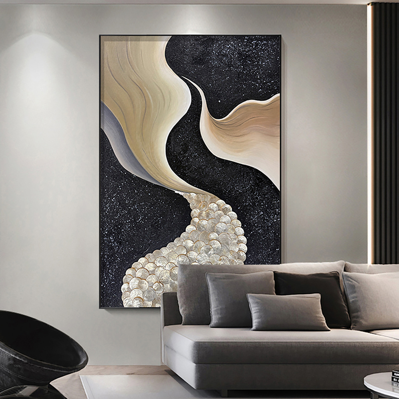Original Hand-Painted Oil Painting, Living Room Sofa Shell Decorative Painting, Entrance Background Wall Decoration, Niche Modern Black and White Art