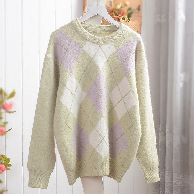 Japanese Retro Angora Long Rabbit Fur Light Green Argyle Pattern Preppy Style Pullover Sweater for Women
