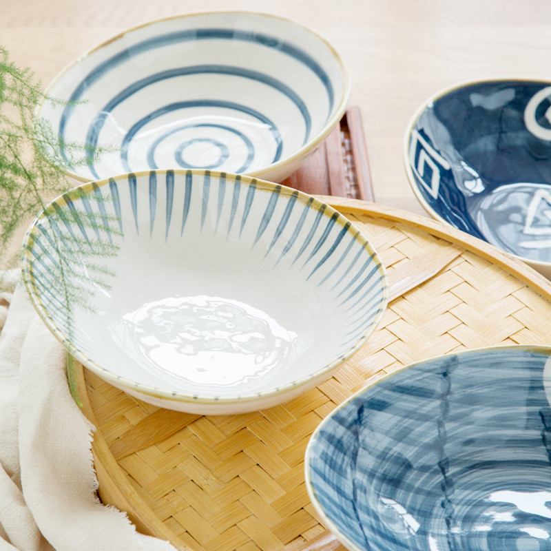 Japanese Nordic ins wind web celebrity blue hand - made under glaze color household tableware ceramic bowl bowl of shallow dish bowl such as always