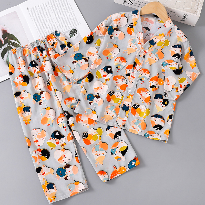Summer Kidsren's Pajamas Thin Nine-Quarter Sleeves for Boys and Girls Baby Lyocell Cotton Cardigan Home Clothes Cartoon Suit