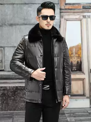 Autumn and winter Haining leather leather men's sheep down jacket men's long version lapel mink fur collar middle-aged jacket