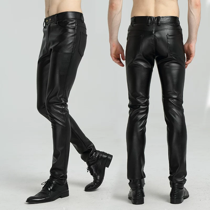 Мужские spring тонкие модные полиуретановые брюки, slim fit, корейский стиль, плотно сидящие