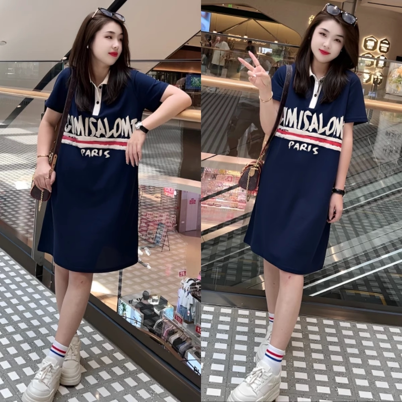 Polo Collar Dress for Women, Summer French Fashion, Letter Print, Versatile, Loose, Casual, Age-Reducing, Slimming T-Shirt Dress