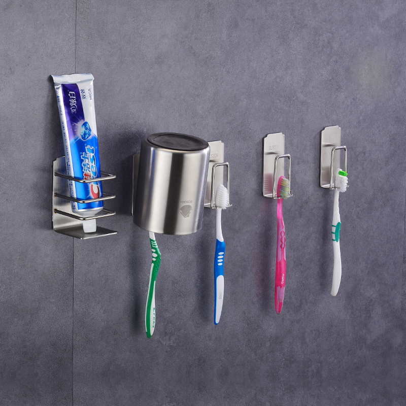 304 stainless steel toothbrush holder free of punch suction wall type wall-mounted rack tooth cup suit electric frame gargling cup