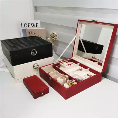 Texture is super good multi-function box Wooden leather ring necklace ear needle jewelry box with lock storage box jewelry box