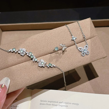 Blue water jade butterfly three-piece set for women full diamond butterfly necklace bracelet ring set cool new chinese style set z
