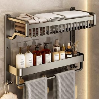 German towel rack bathroom storage space aluminum thickened bath towel rack double-layer wall-mounted
