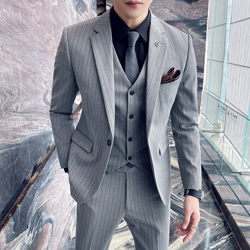 Strip suit suit men three pieces of casual skull handsome suit Han edition of the groom handsome wedding dress tide
