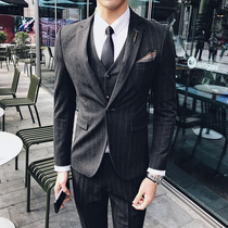 Suit mens suit three-piece Korean tide stripes casual small suit slim suit slim dress dress groom groom wedding dress