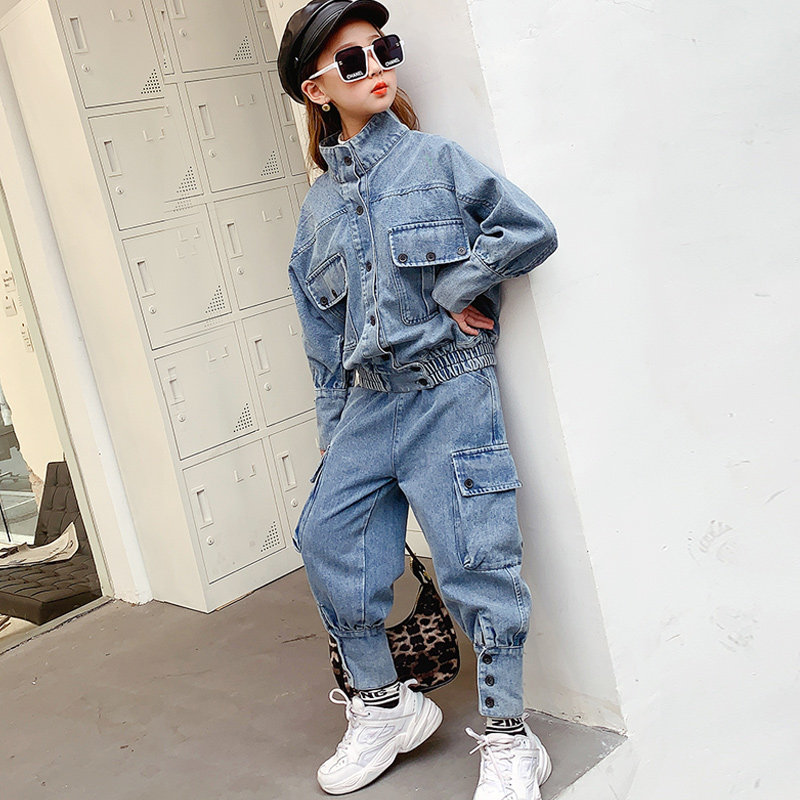 Girl Suit 2021 Spring Dress New Korean Version Foreign Pie Net Red CUHK Child Fashion Denim Casual Work Suit Two Sets
