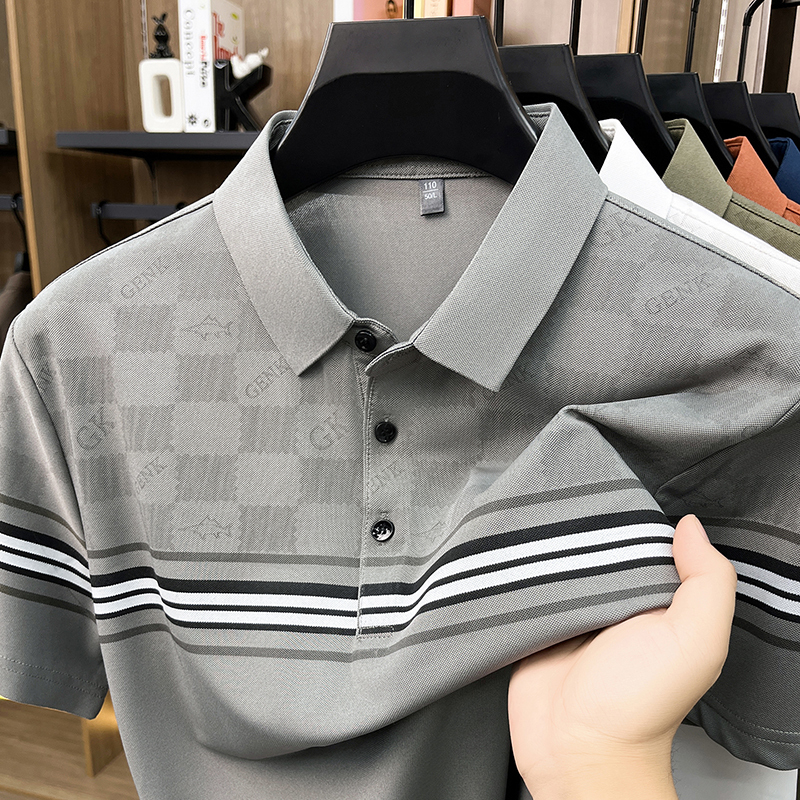 New Short-Sleeved T-Shirt for Men, Summer Striped Polo Shirt with Lapel, Dad-Style Casual Breathable Half-Sleeved Top for Middle-Aged Men