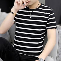 Summer new mercerized cotton short sleeve men black and white stripes half sleeve slim trend base shirt T-shirt Tide brand Wild