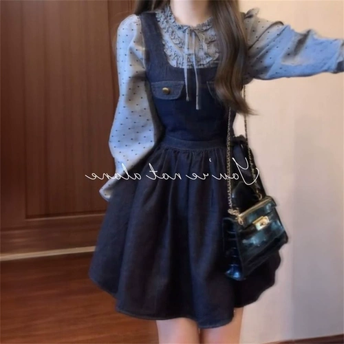 Осенняя ретро рубашка, джинсовые подтяжки, платье, комплект, французский стиль