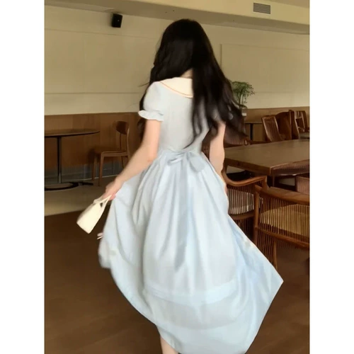 Платье с бантиком для школьников, летний приталенный корсет, длинная юбка, французский стиль, рукава фонарики