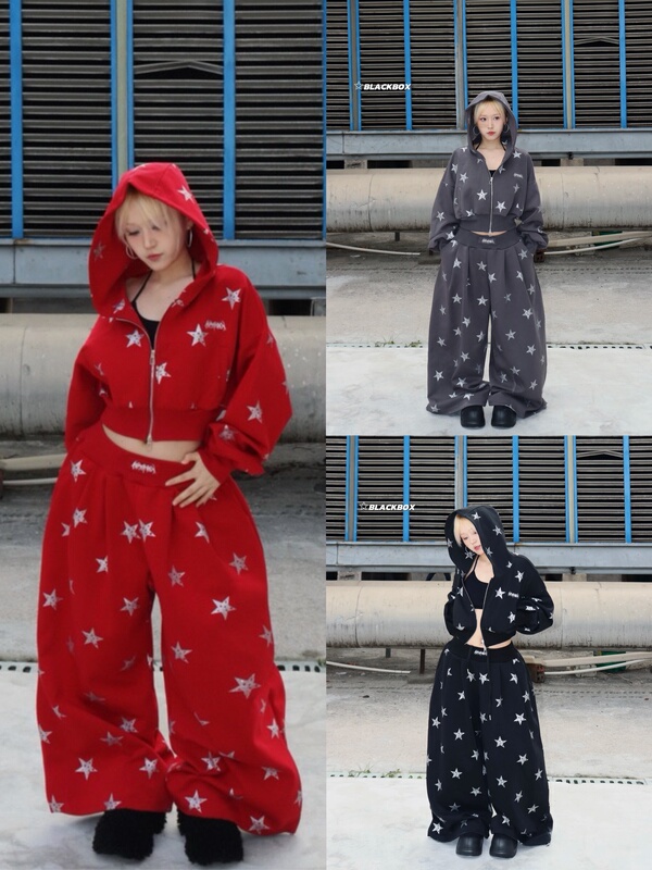 〖Star Set〗 Blackbox Original Sparkling Star Wide-Leg Pants Short Hoodie Set