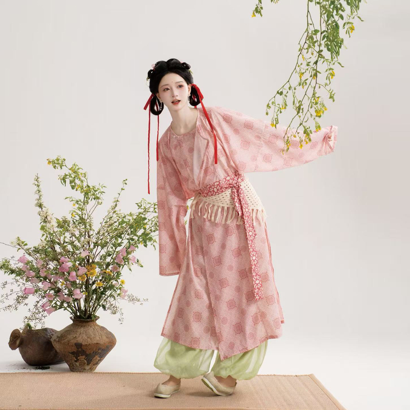 Mengyu Sheng [Qingtuan] Tang-Style Round-Neck Robe Long Shirt Lantern Pants Daily Hanfu for Women, Retro Loose Fit for Both Men and Women, Suitable for Spring and Summer