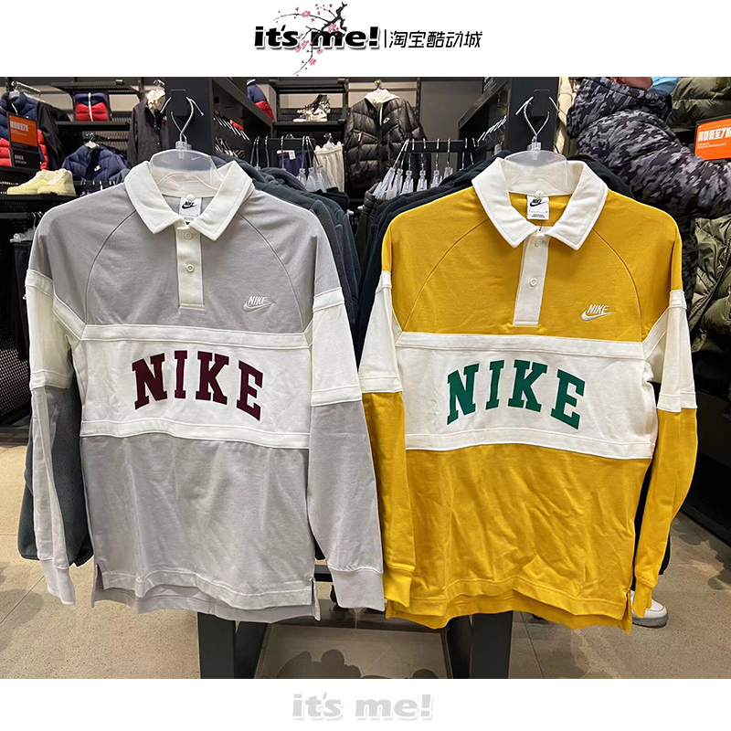 Nike/Nike Men's Embroidered Retro Logo Lapel Sports Casual Patchwork Pure Cotton Long-Sleeved Polo Shirt Fj1175