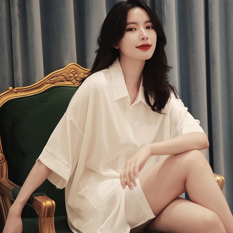 White nightdress women's 2022 new spring and autumn thin ice silk shirts home service women's sexy boyfriend style pajamas
