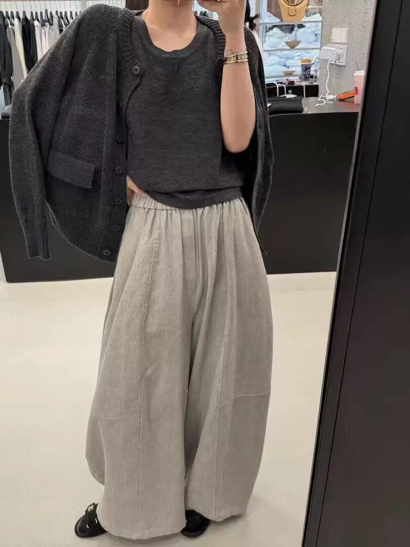 Low flat оригинал ~ повседневные брюки универсальные широкие брюки свободного кроя с эластичной талией укороченные 8156