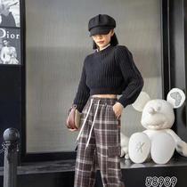 Autumn and winter retro narrow wide-leg overalls loose 95% cotton elastic waist drawstring design fashionable Korean plaid pants