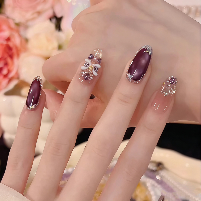【Nine Purple Fire】Handmade Cat Eye Wearable Nail Art Stickers Removable Nail Stickers 10-Piece Set