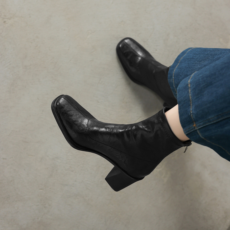 Senshihejiang Elastic Black Mid-Heel Short Boots for Women, High-Heeled Chunky Heel Slim Boots, Summer Single Boots, Square-Toe Martin Boots