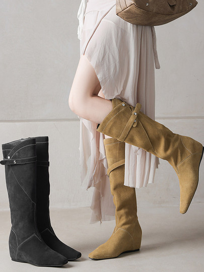 Moriwa Takumi frosted cowhide flat-soled inner heightening black long boots for women autumn and winter new slim square-head knight boots