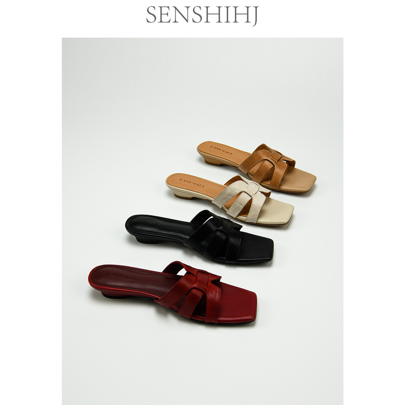 Senshihj/Senshihejiang First-Layer Cowhide Square-Toe Flat Open-Toe Sandals for Women, Summer Outdoor Slip-On Sandals Senshihj/Senshihejiang First-Layer Cowhide Square-Toe Flat Open-Toe Sandals for Women, Summer Outdoor Slip-On Sandals