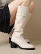 Moriwa Takumi genuine leather round-toe black tall boots for women 2025 autumn and winter new thick heel high heel knight boots