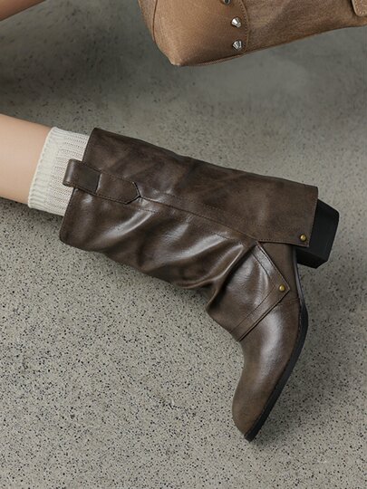 Senshi and Takumi genuine leather sweet and cool high-heeled thick-heeled trouser boots short-leg pile boots for women brown pointed toe western cowboy boots
