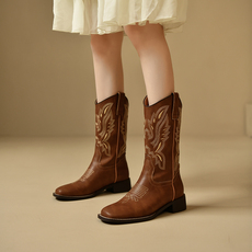 Западные Boots 森诗和匠真皮棕色刺绣西部牛仔靴女方头中筒靴子夏中跟丝袜骑士靴