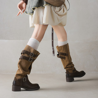 Senhejiang Relaxed Style Wide Calf Leather Chunky Heel Long Boots for Women, New Autumn and Winter Buckle Strap Slouchy Riding Boots