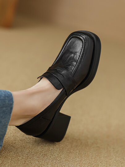 Senshi Hejiang sheepskin thick heel loafers for women 2025 spring new square toe high heel single shoes British small leather shoes