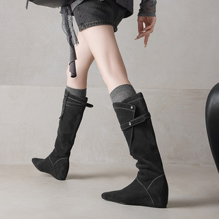 Senhejiang Matte Leather Flat Platform Height-Increasing Black Long Boots for Women, New Autumn/Winter Slimming Square-Toe Riding Boots