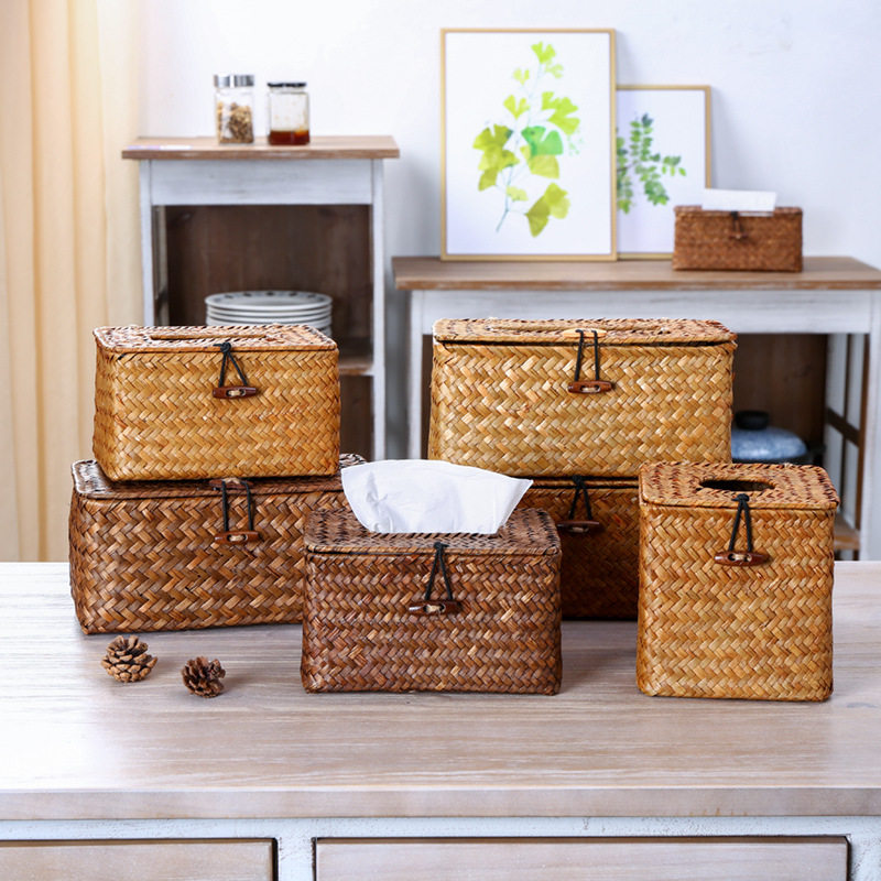 Paper Towel Box Home Living Room Dining Room Dining Room Toilet Paper Box Creative On-board Paper Towel Box Handmade Grass Woven Napkins
