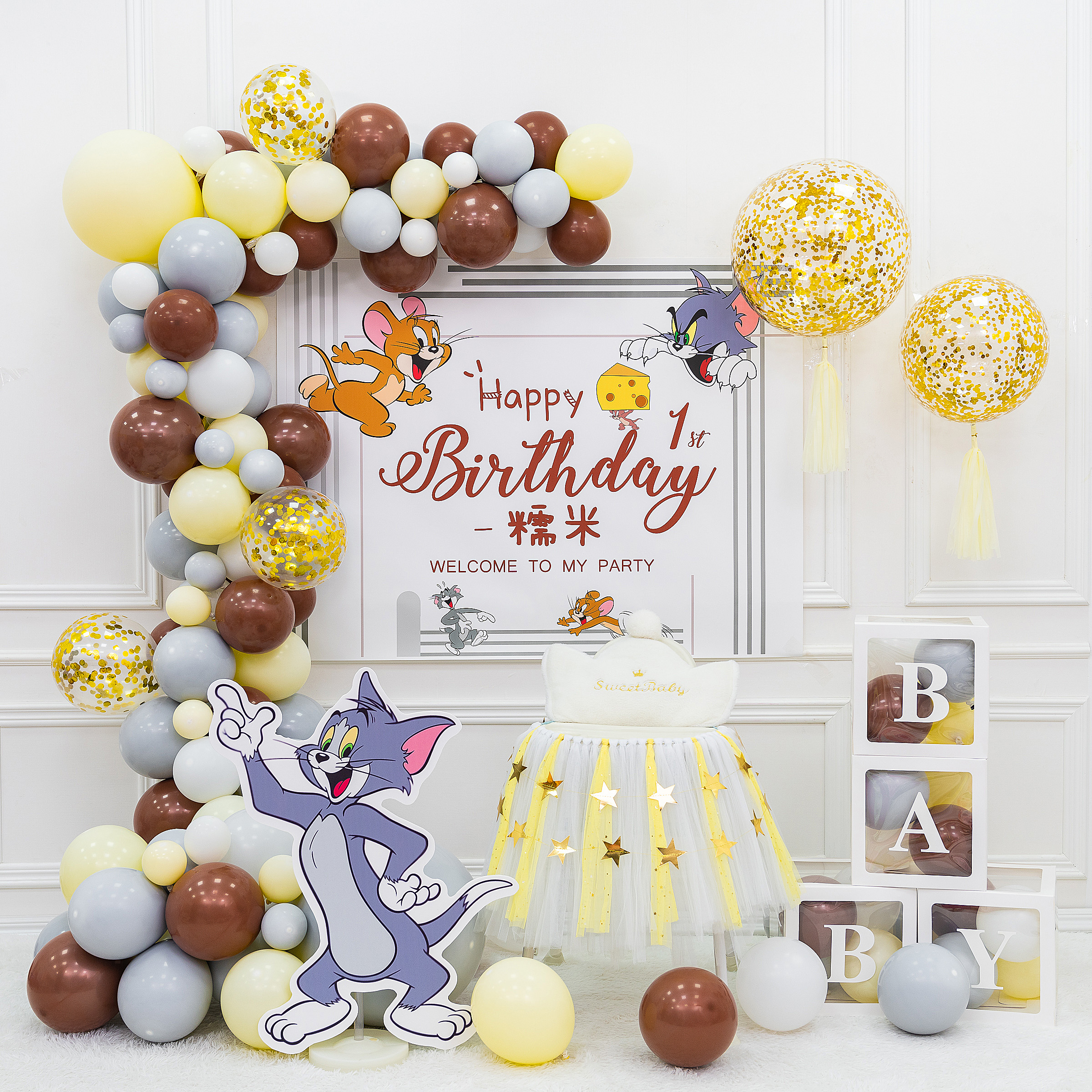 Tom Jerry cartoon theme net red balloon baby birthday layout full moon hundred days poster custom children
