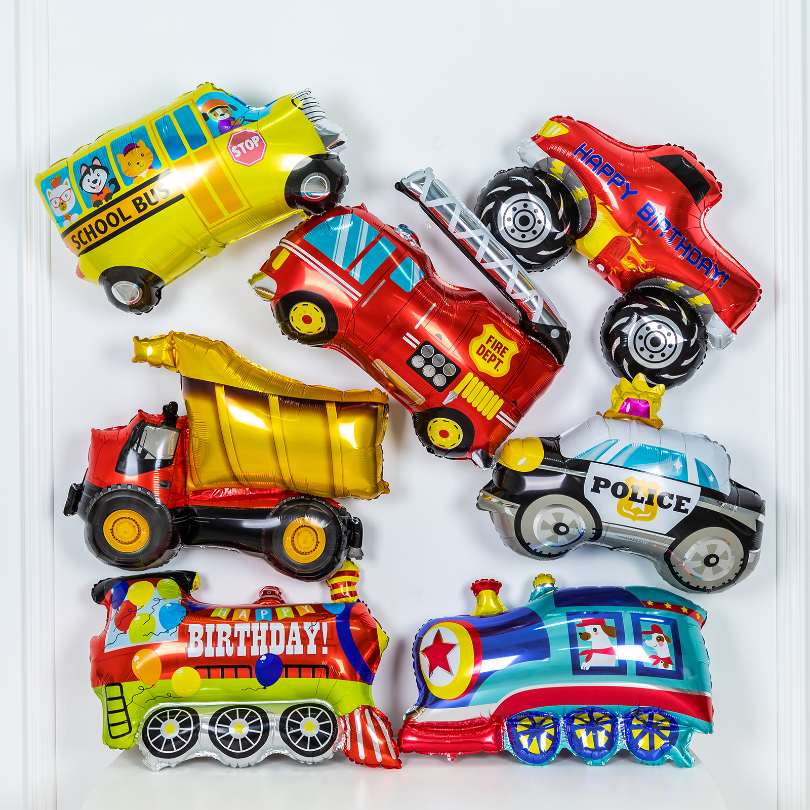 Car theme birthday balloon small train police car engineering car background wall boy children scene layout