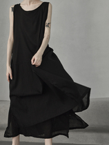 2021 summer and autumn solid color minimalist sleeveless vest skirt pleated drawstring design double artistic cotton round neck Joker black