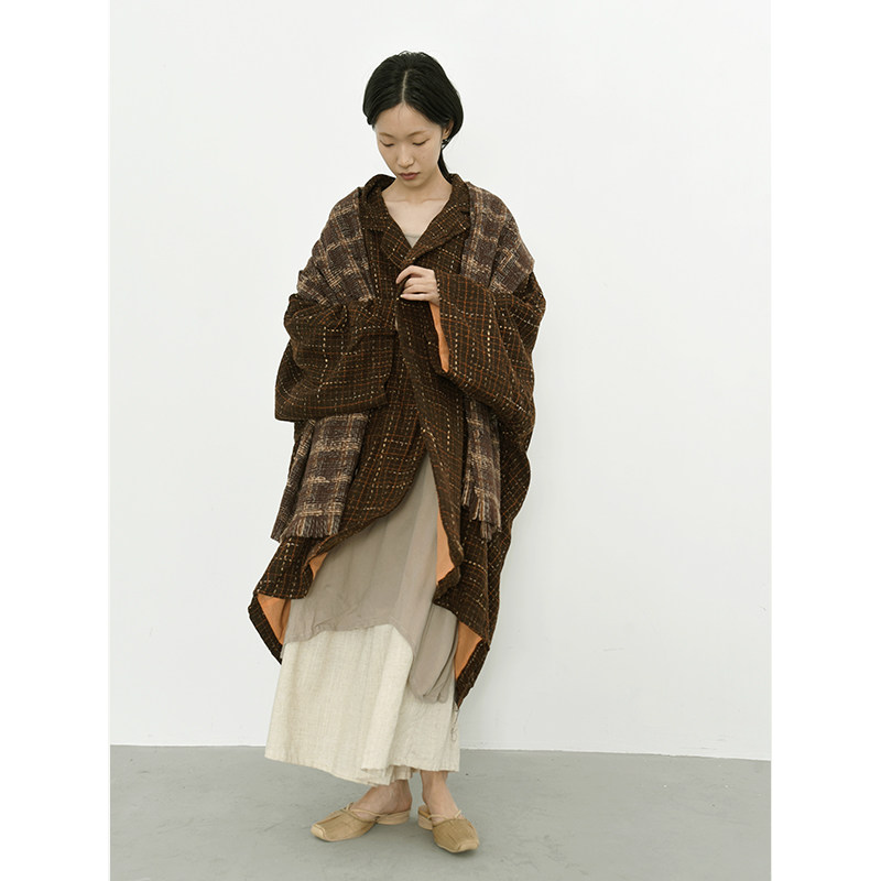 SiON Qingtian Clue An Original Design Brown Gritline Great Coat Woman 2021 New Winter Retro Loose Jacket