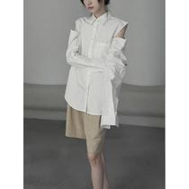 2021 autumn new design feeling shoulder-exposed burr lapel white shirt long sleeve loose slim Korean lazy shirt
