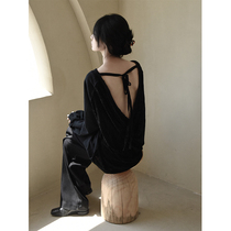2021 summer and autumn black stitching large backless long sleeve pullover sweater lazy drawstring adjustable dark wind bat sleeve