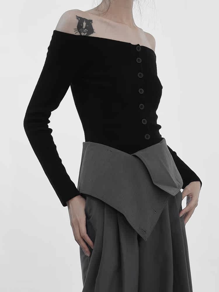 2021 autumn new sexy off-the-shoulder slim one-neck bottoming shirt short black slim wool knitted sweater