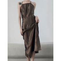 2021 summer original design bronze gold withered leaf condole belt dress sexy side split back waist slim long