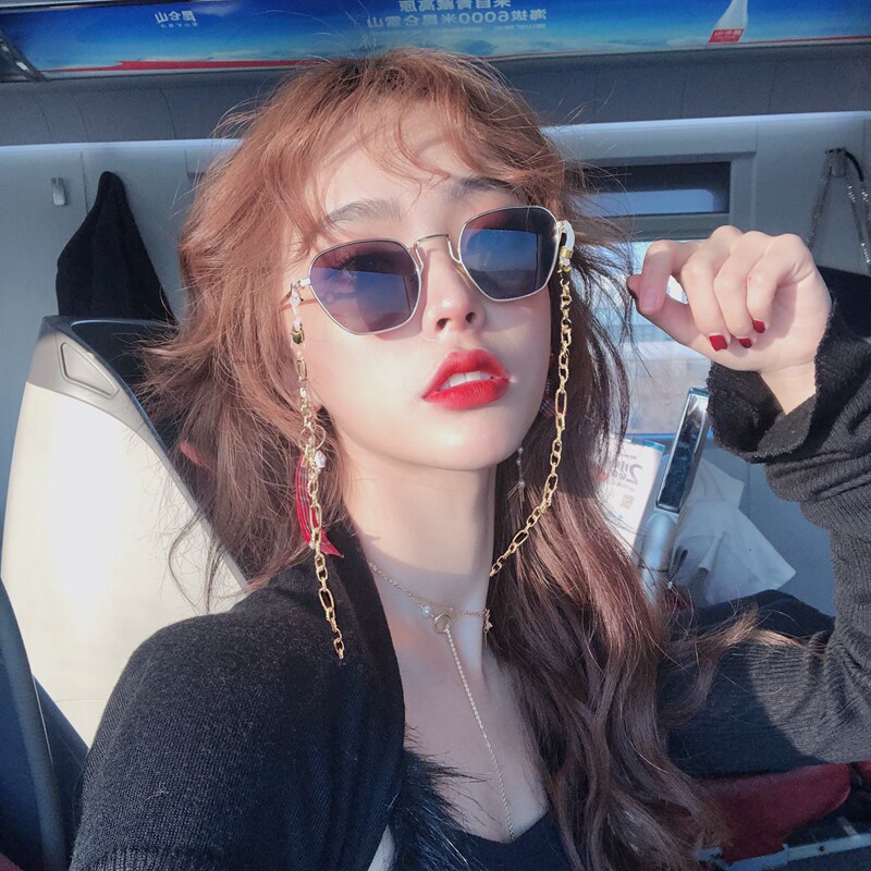 ins hyperfire spectacle retro box polygonal mesh red sunglasses woman with chain street slapping sunglasses Korean version tide